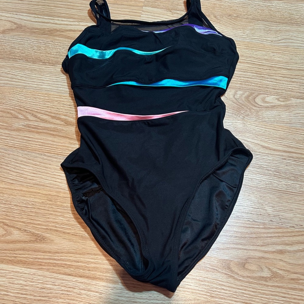 Longitude Womens Black One Piece Swimsuit Teal Pink Purple Colorblock Size 10